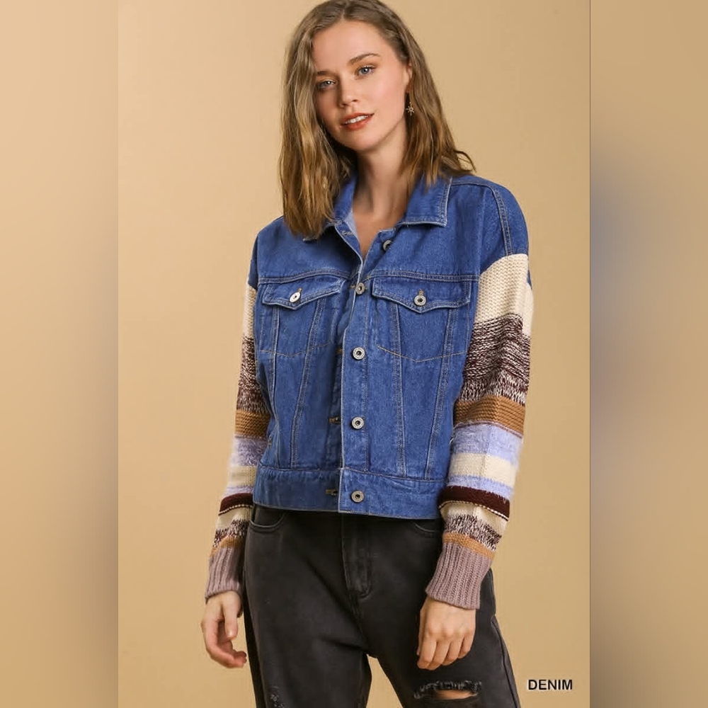 Umgee Denim Jacket with Multicolor Sweater Knit Sleeves